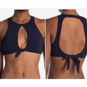 Robin Piccone Bikini Swim Top Womens XS Navy Blue High Neck Keyhole Front Knot